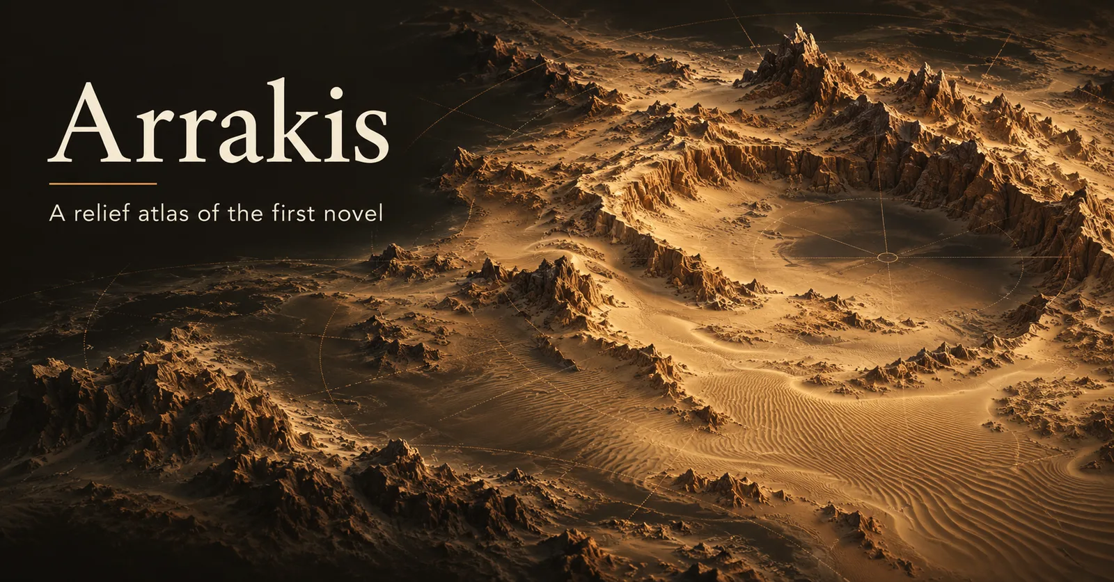 Arrakis title card over a sculpted relief of desert ridges and wind-rippled sand