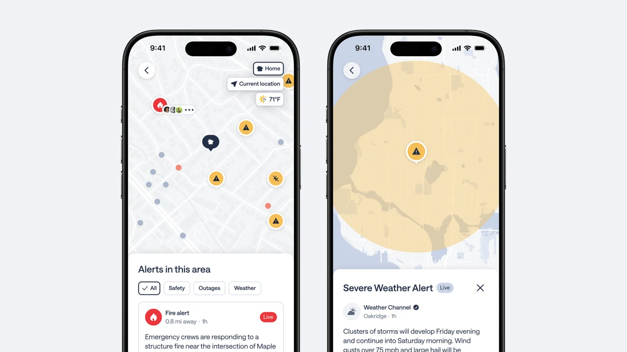 Two phones showing Nextdoor’s alerts map: nearby fire and safety alerts on the left, a severe weather alert area on the right