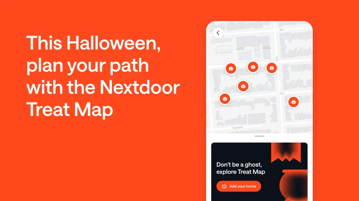 Nextdoor’s 2025 Treat Map with pumpkin pins marking participating homes